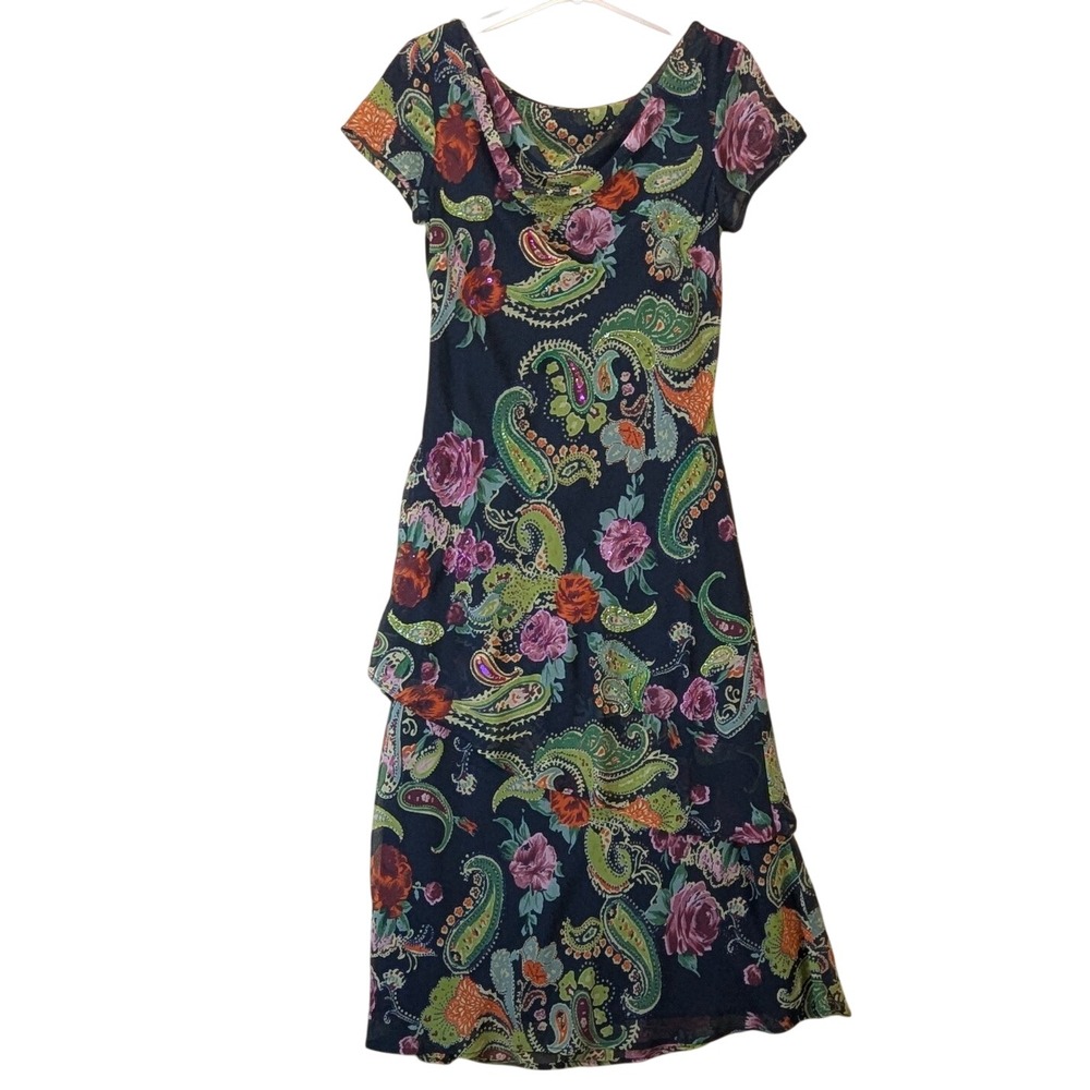 Womens Vintage Y2K Boho Fairy Grunge Paisley Floral Tiered Maxi Dress Medium